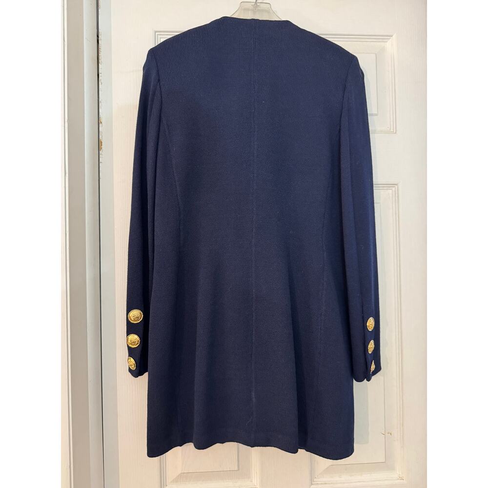 St. John 2-Piece Knit Suit Set Navy Blue Gold Metallic Trim and Skirt sz 6 - Picture 4 of 13
